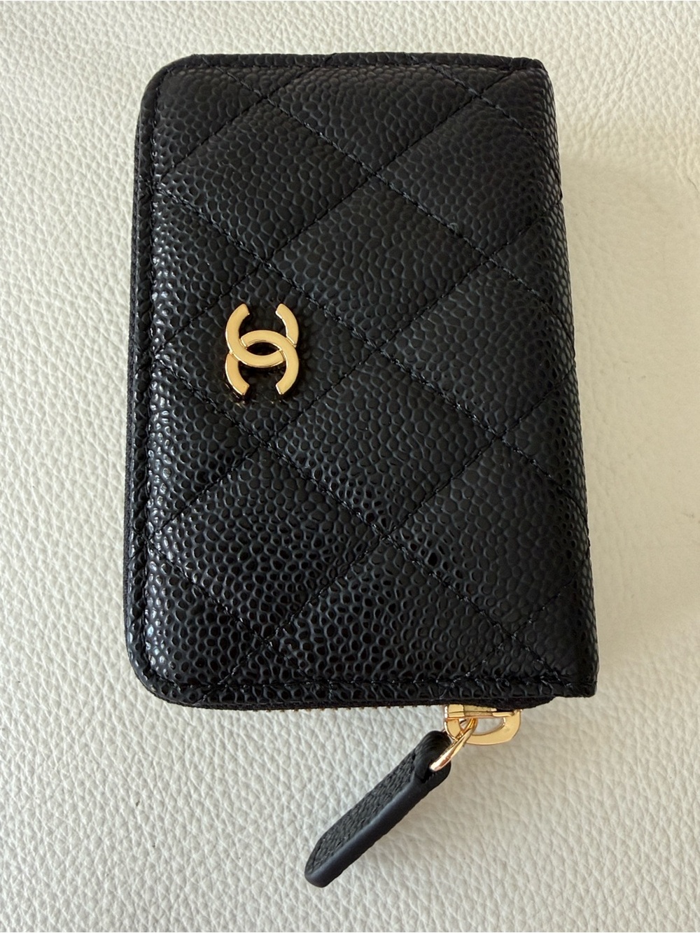 CHANEL Black Quilted Caviar Leather Zip Card Case with Gold CC